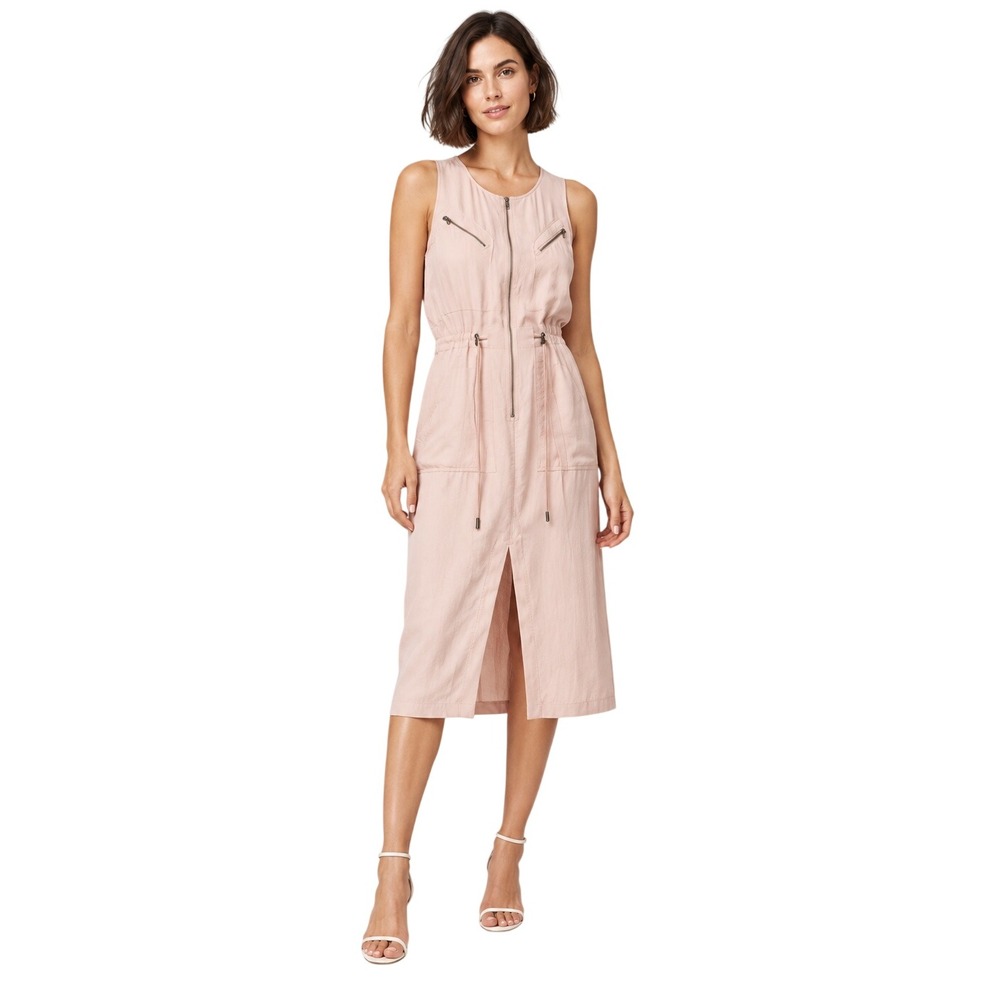 AllSaints Vola Blush Pink Utility Midi Dress US 2 Minimalist Moto Chic Zip Front